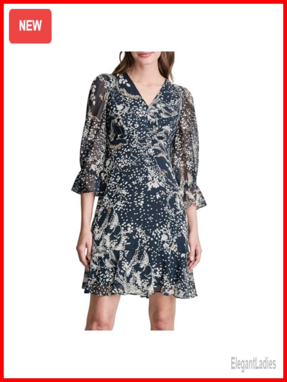 DKNY V-Neck Balloon Sleeve Ruffle Hem Casual Dress